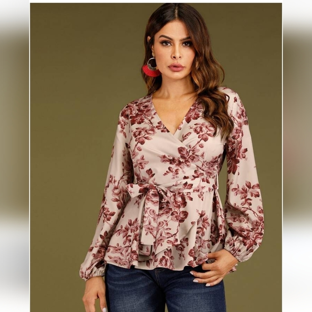 SHEIN CURVE Floral long Sleeves tie waistband plus size  blouse 1XL